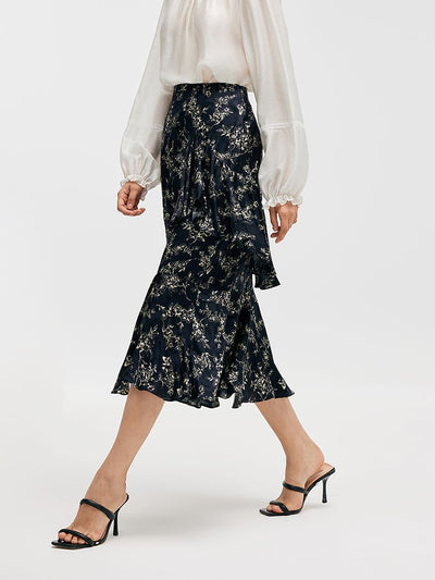 Floral Printed Ruffle Trim Women Half Skirt