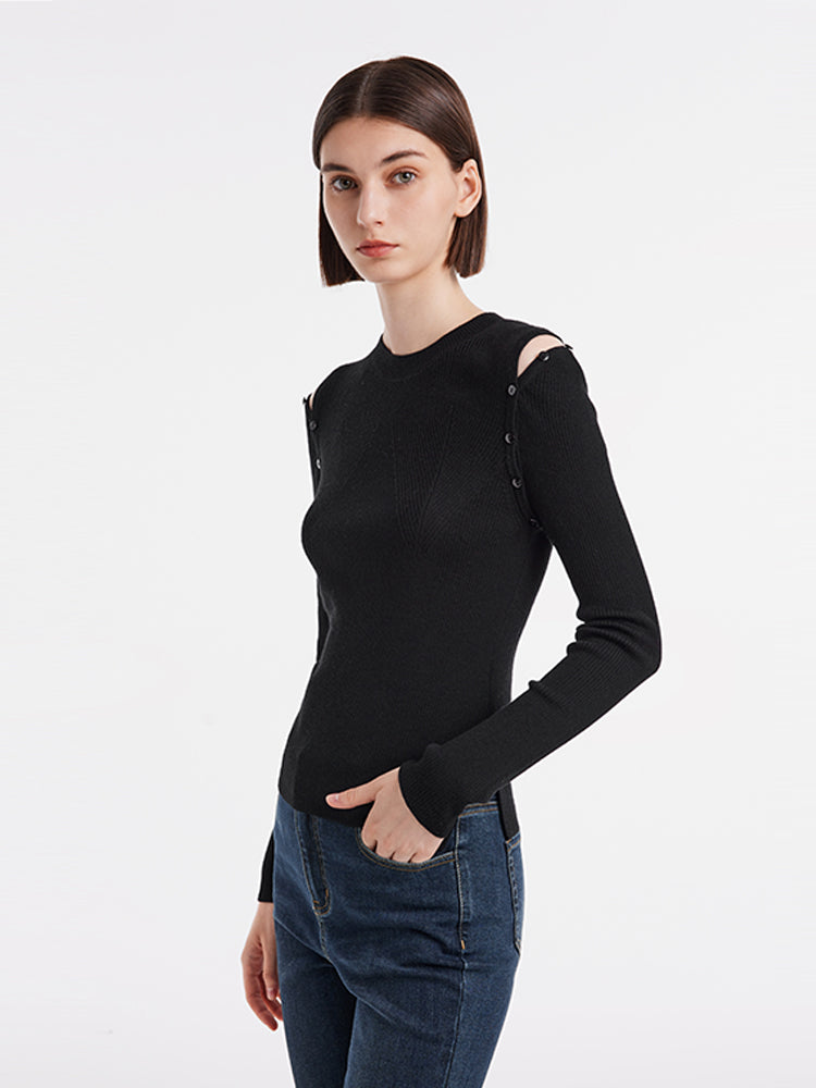 Detachable Sleeve Woolen Round Neck Women Sweater