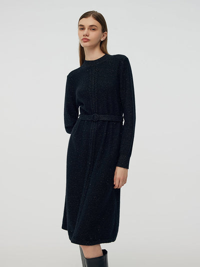 Wool Blend Women Midi Dress With Belt