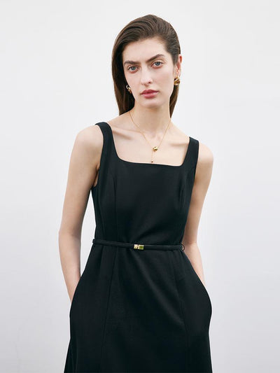 Worsted Woolen Vest Midi Dress With Belt