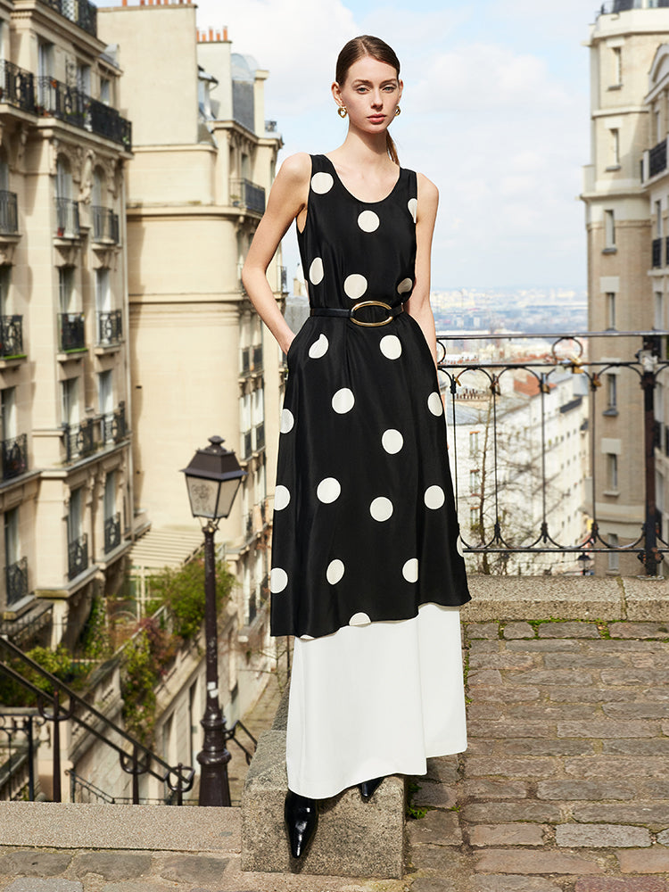 16 Momme Mulberry Silk Polka Dots Printed Women Vest Midi Dress With Belt And Rose Clip And Bottomed Skirt