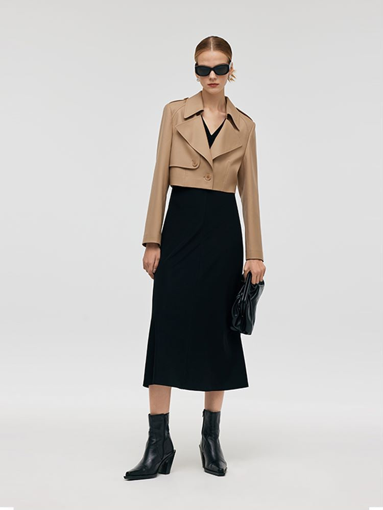 Worsted Wool Lapel Cropped Trench Coat And Acetate Midi Dress Two-Piece Set