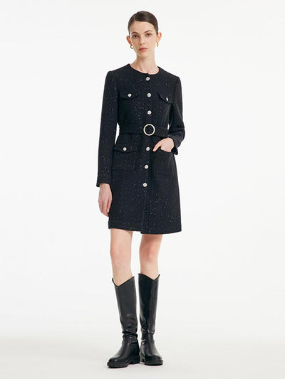 Removable Collar Tweed Waist-cinching Woolen Dress