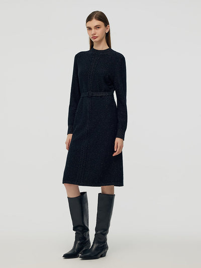 Wool Blend Women Midi Dress With Belt