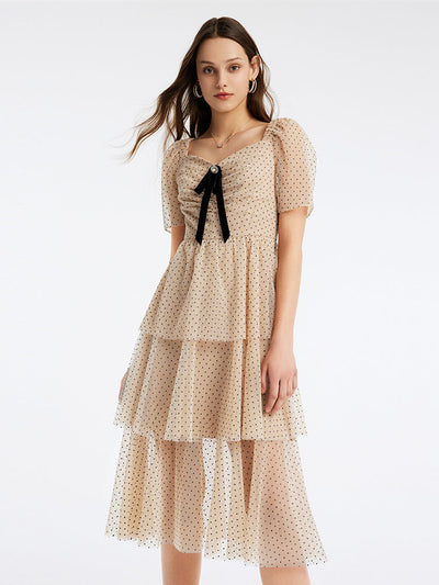 Polka Dot Mesh Square Neck Midi Dress