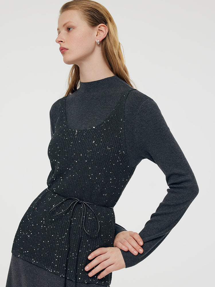 Sequins Vest And Mock Neck Midi Dress Two-Piece Set With Belt