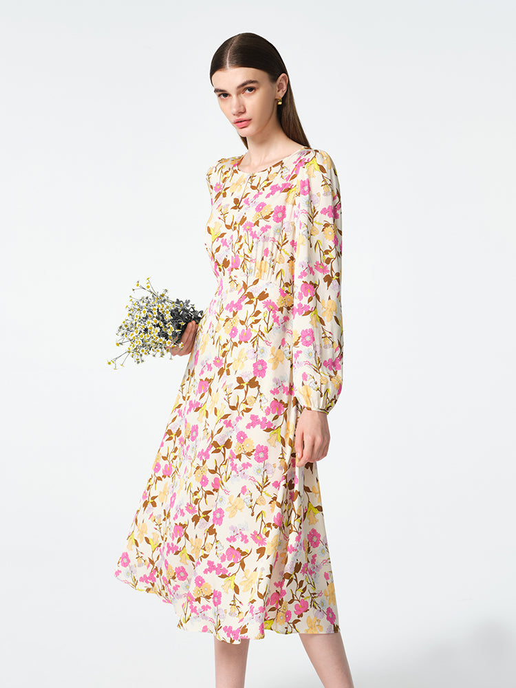 19 Momme Mulberry Silk Floral Printed Women Midi Dress