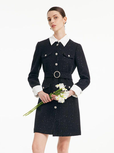 Removable Collar Tweed Waist-cinching Woolen Dress