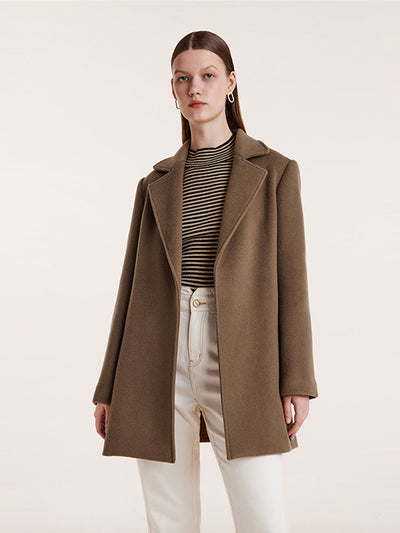 Brown Tencel Wool Notched Lapel Coat With Belt