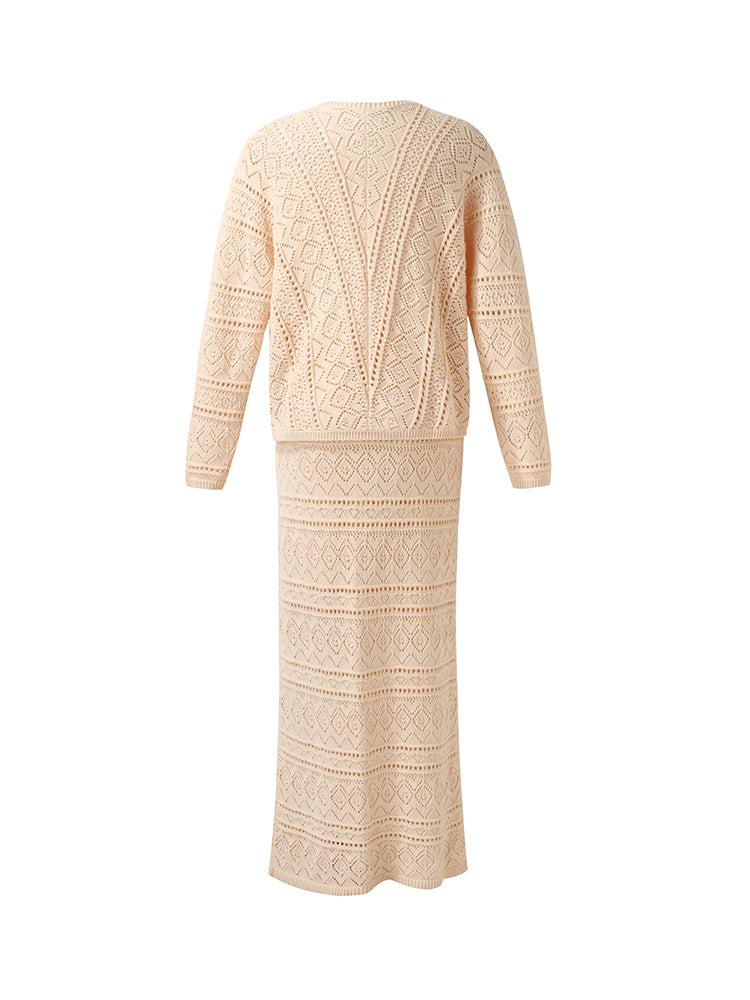 100% Cotton Openwork Cardigan And Skirt Two-Piece Set