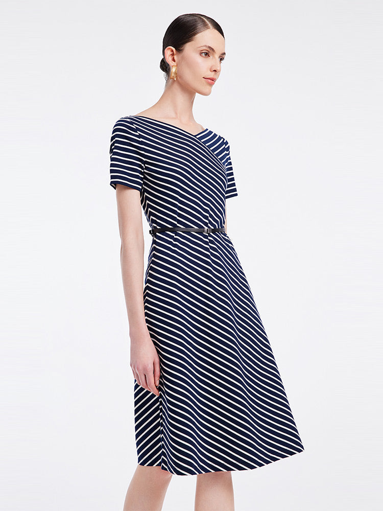 Knitted Stripe Midi Dress With Leather Belt