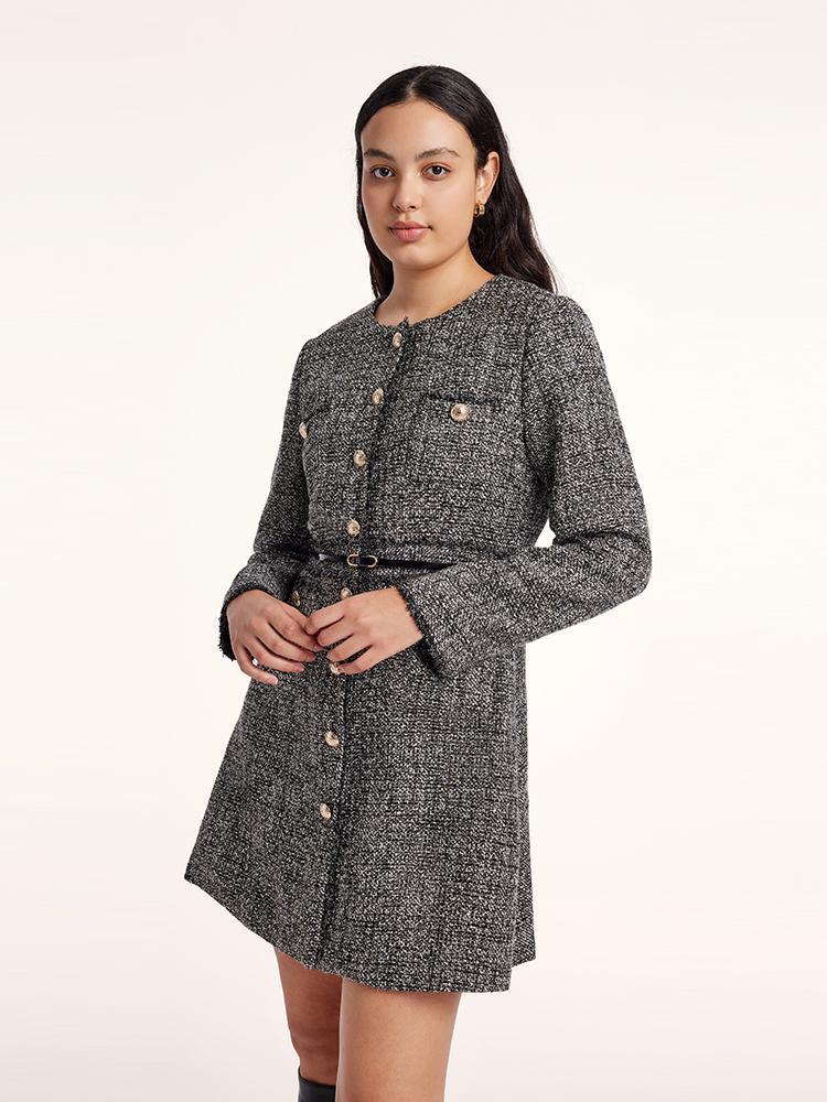 Round Neck Tweed Dress With Belt