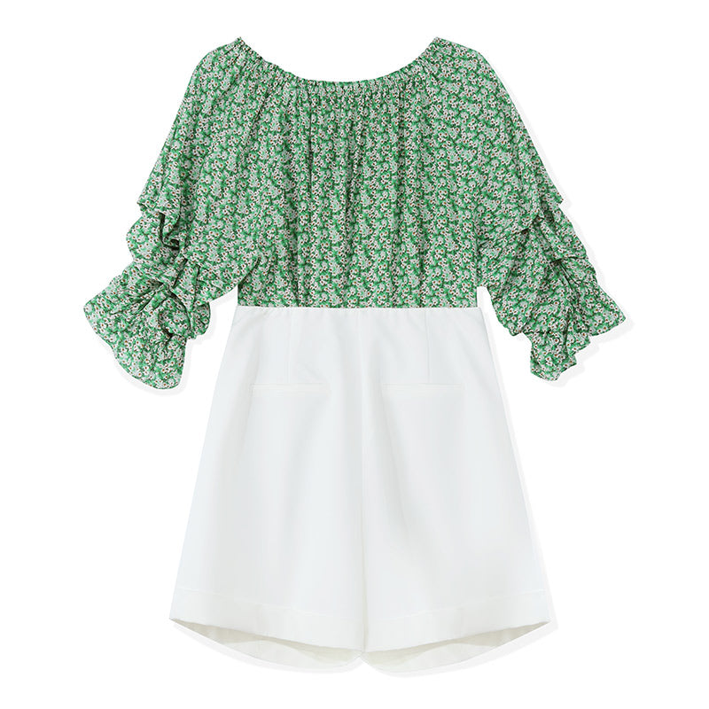 Green Floral Women Blouse And Shorts Two-Piece Set