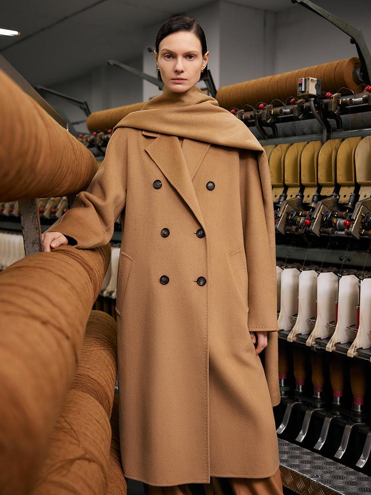 Pure Cashmere Double-Breasted Women Coat With Beret