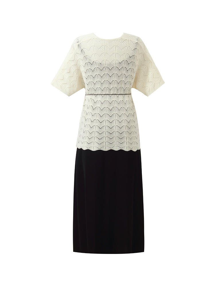 Openwork Knit Top And Strap Dress Two-Piece Set With Rope Belt