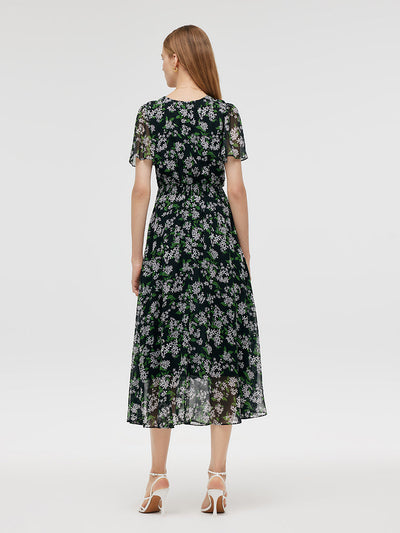 10 Momme Mulberry Silk Floral Printed Bow Tie Neck Women Midi Dress