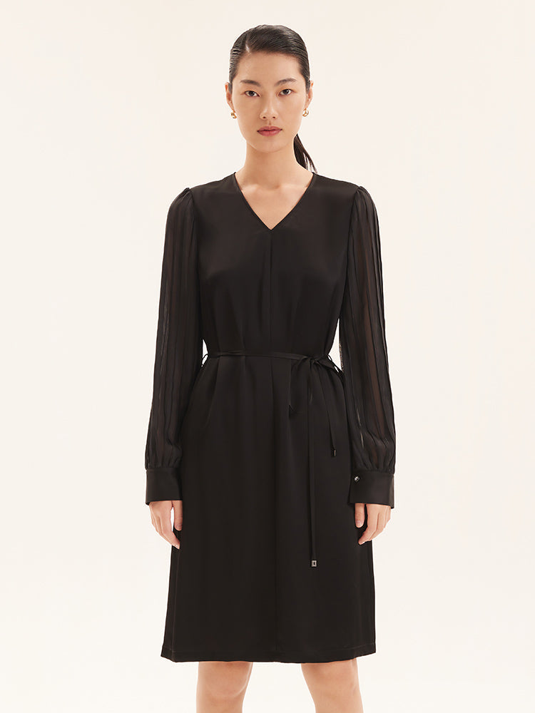 Triacetate V-Neck Long Sleeve Midi Dress