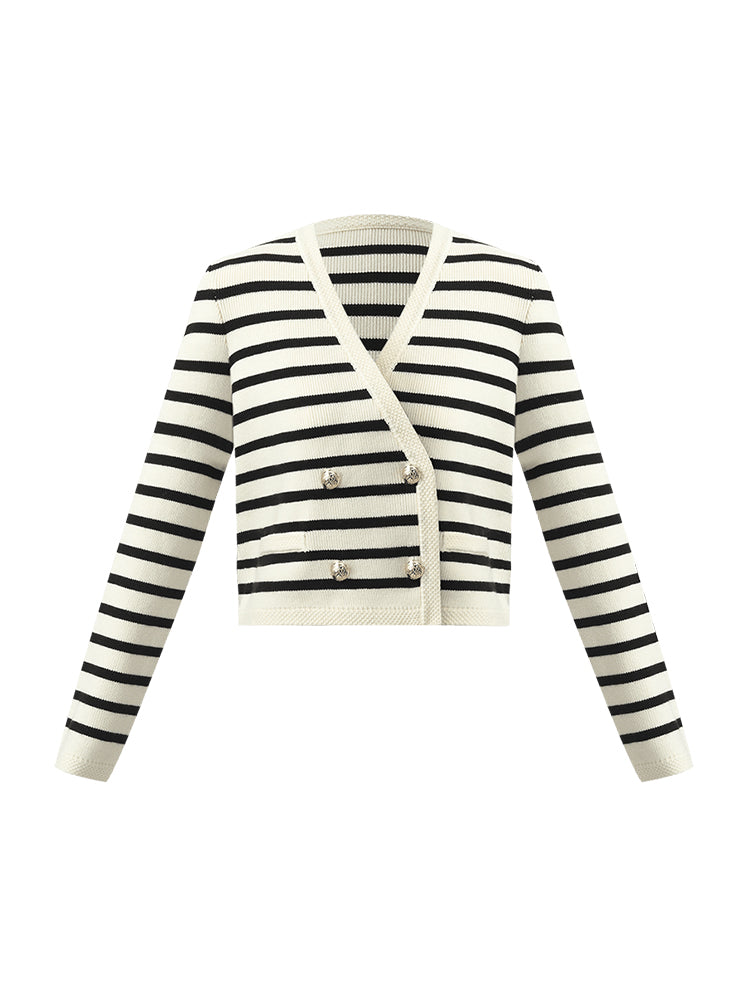 V-Neck Striped Double-Breasted Knitted Cardigan