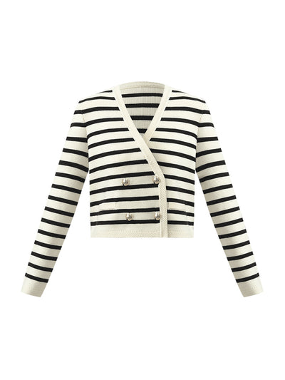 V-Neck Striped Double-Breasted Knitted Cardigan