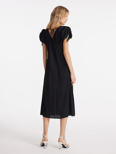 19 Momme Mulberry Silk Drawstring Sleeves Women Midi Dress