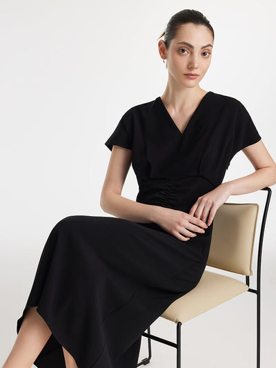 Triacetate V-Neck Ruched Women Midi Dress