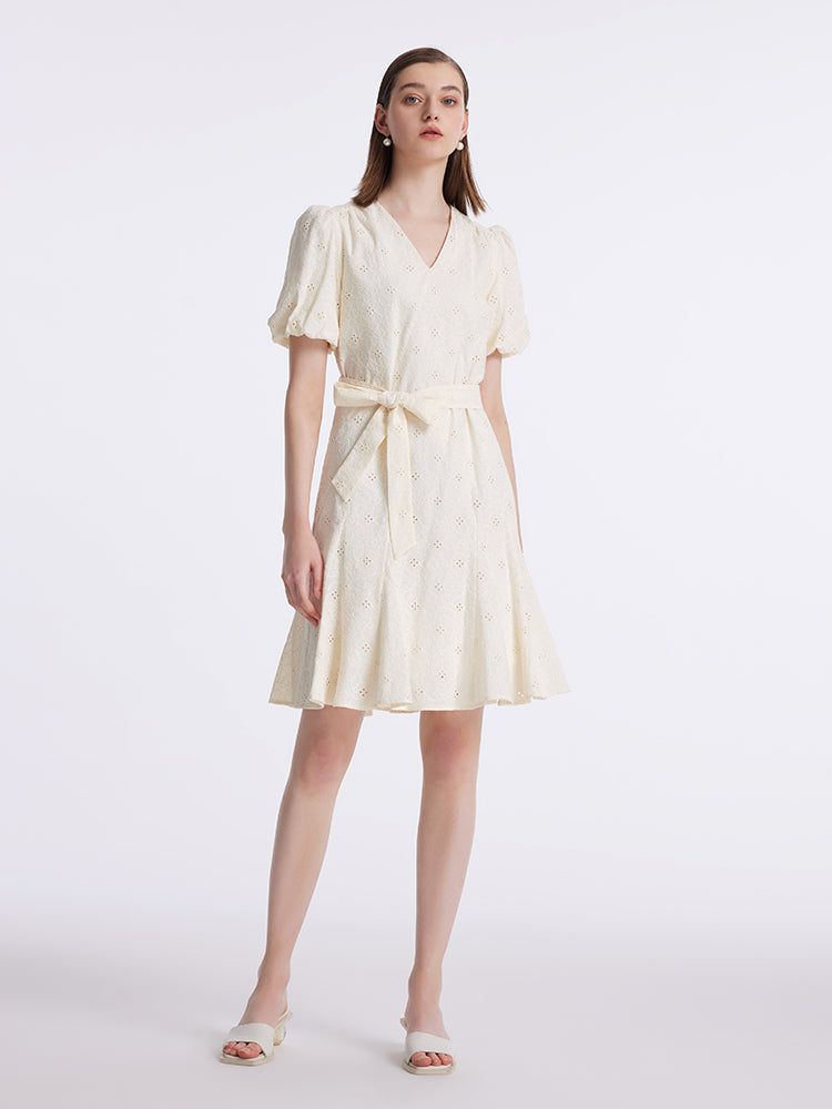 Puff Sleeves Ruffle Embroidered Women Mini Dress With Belt