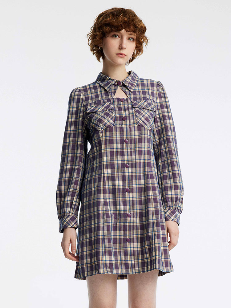 Gathered Waist Plaid Mini Dress