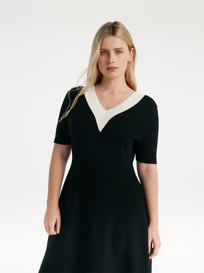 Contrast V-Neck Slim Knitted Women Midi Dress