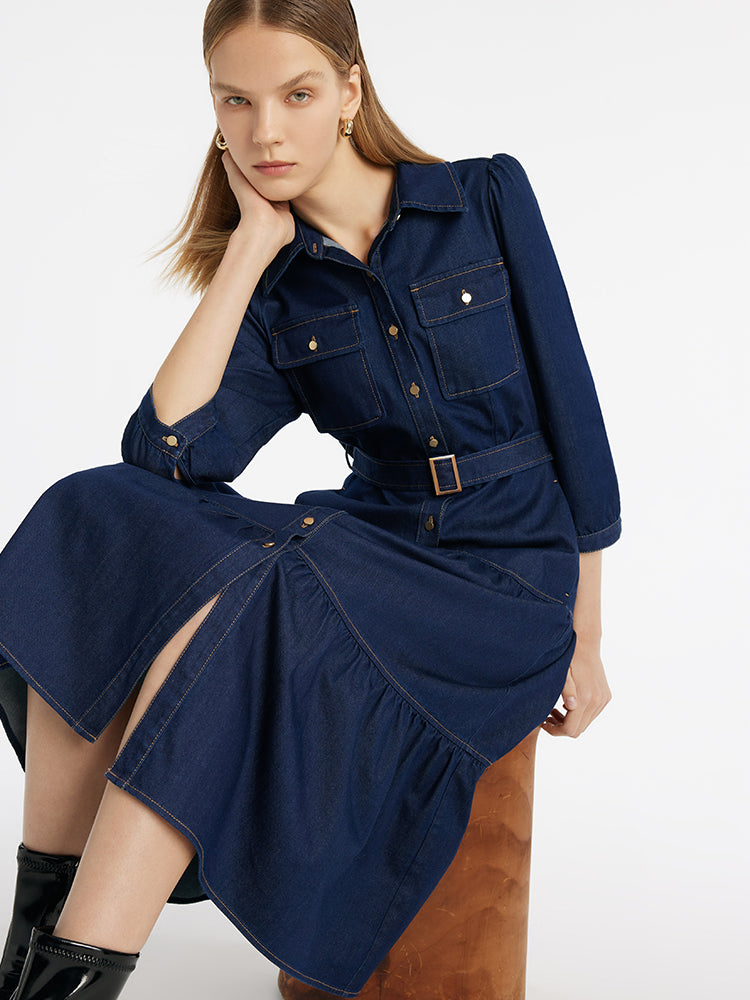 Denim Gathered Waist Women Midi Dress With Belt