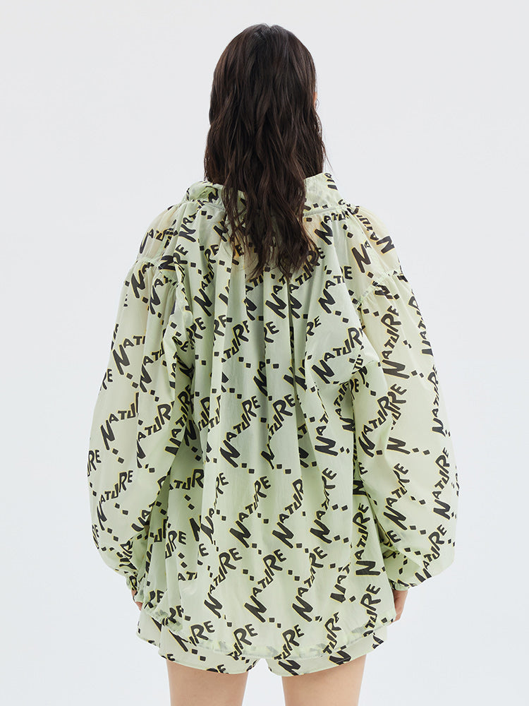 Light Green Sunproof Letter Print Oversized Jacket