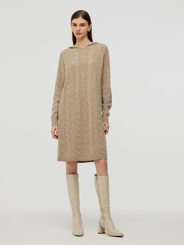 Wool Blend Women Hooded Midi Dress