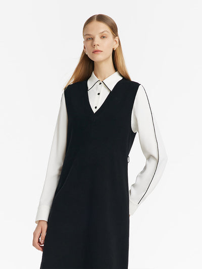 Contrast Trim Shirt And Knitted Vest Dress Two-Piece Set