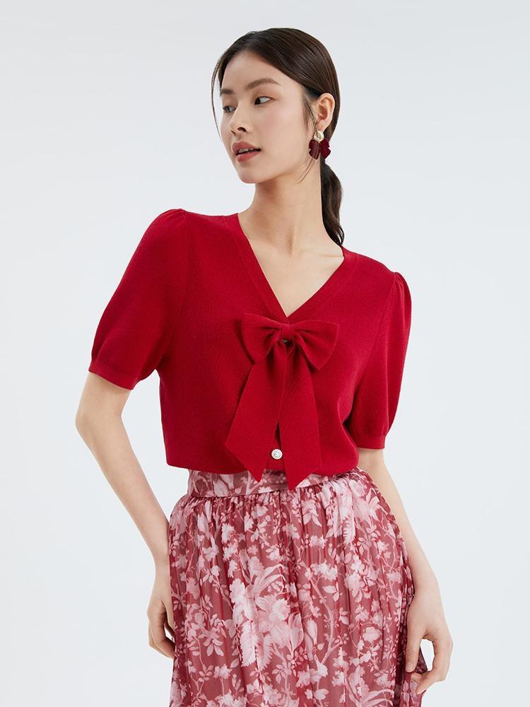 Red V-neck Detachable Bowknot Knit Top