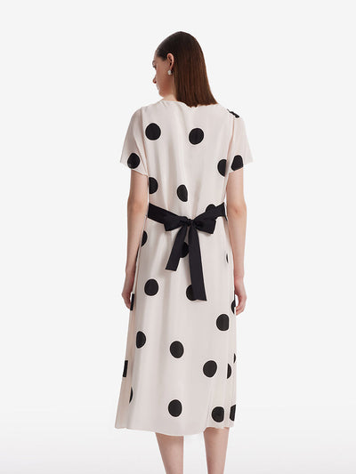 16 Momme Mulberry Silk Boat Neck Polka Dots Printed Women Midi Dress With Belt And Scrunchie