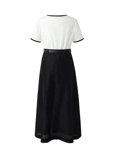 Contrast Trim Knit Top And Skirt Two-Piece Set With Belt