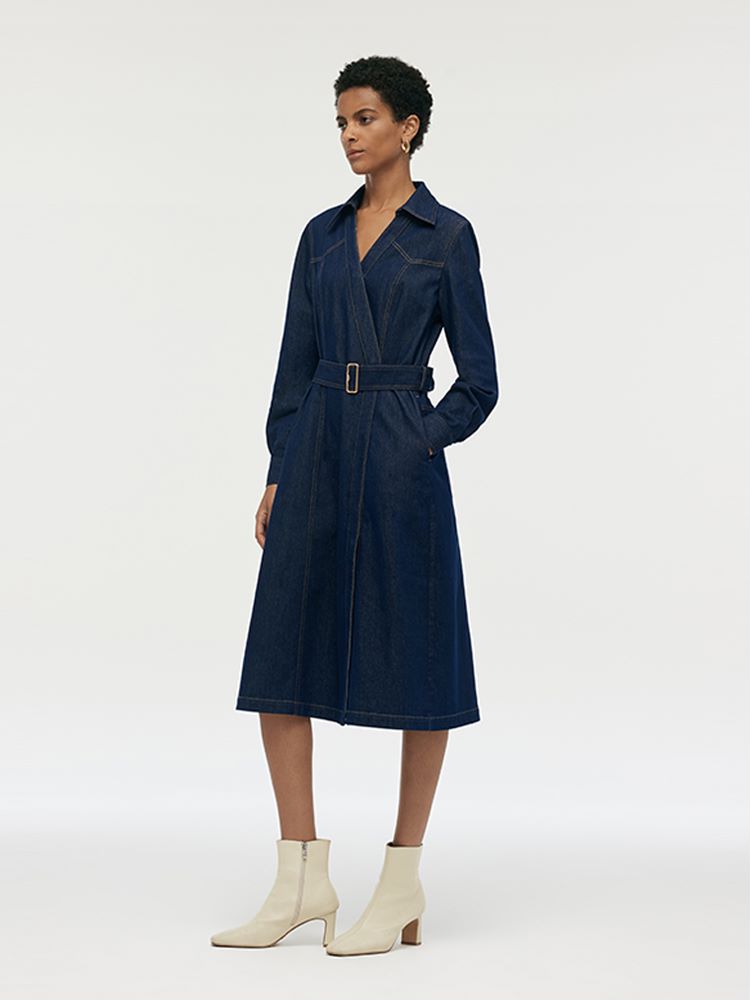 Denim Lapel Women Midi Dress With Belt