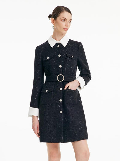 Removable Collar Tweed Waist-cinching Woolen Dress