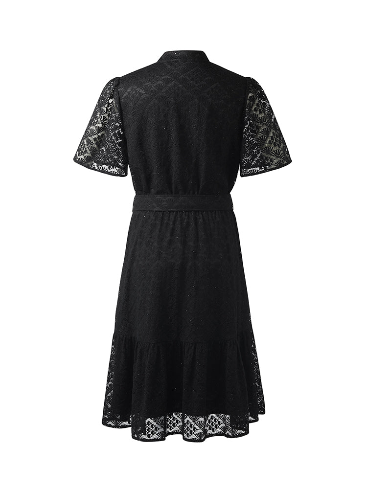 Lace Gathered Waist Women Mini Dress With Belt