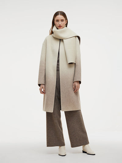 Wool Blend Gradient Reversible Women Overcoat With Scarf