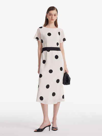 16 Momme Mulberry Silk Boat Neck Polka Dots Printed Women Midi Dress With Belt And Scrunchie