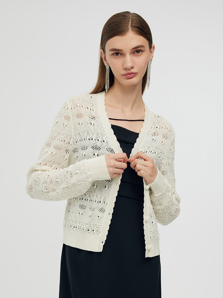 Openwork V-Neck Knitted Women Cardigan