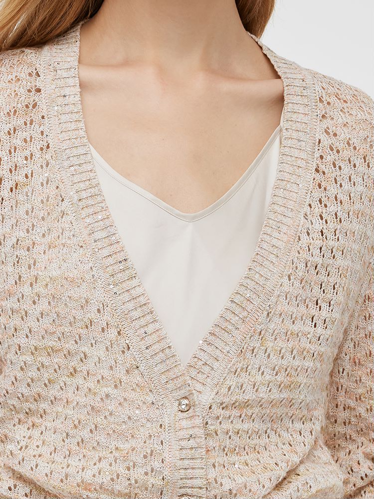 Sequins Wave-Cut Trim Women Knitted Cardigan