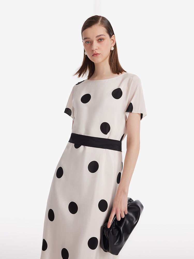 16 Momme Mulberry Silk Boat Neck Polka Dots Printed Women Midi Dress With Belt And Scrunchie