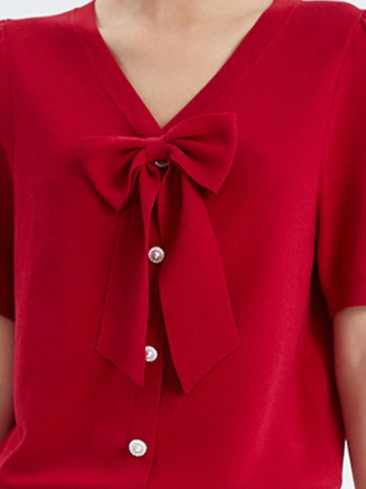 Red V-neck Detachable Bowknot Knit Top