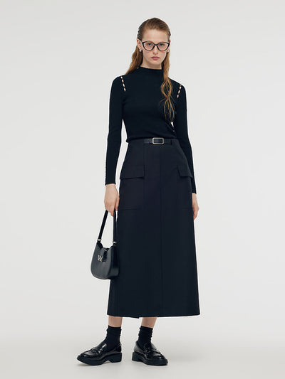 Back Slit Women Column Midi Skirt With Belt