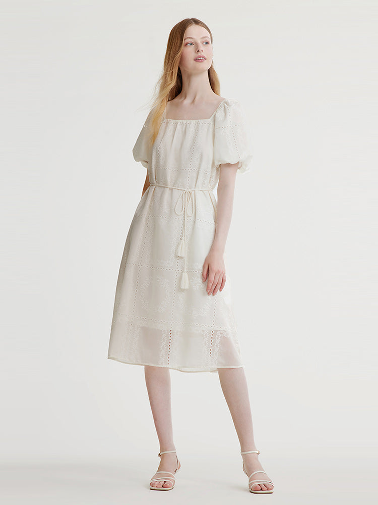 Square Neck Embroidered Midi Dress With Belt