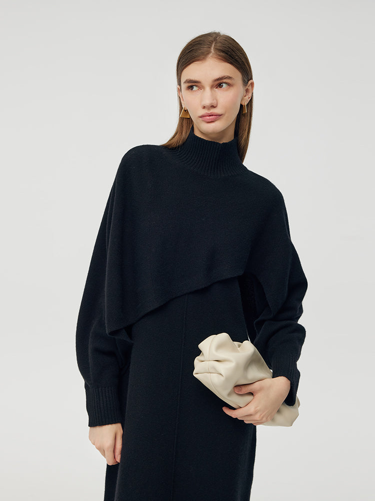 100% Wool Turtleneck Cloak And Dress Two-Piece Set