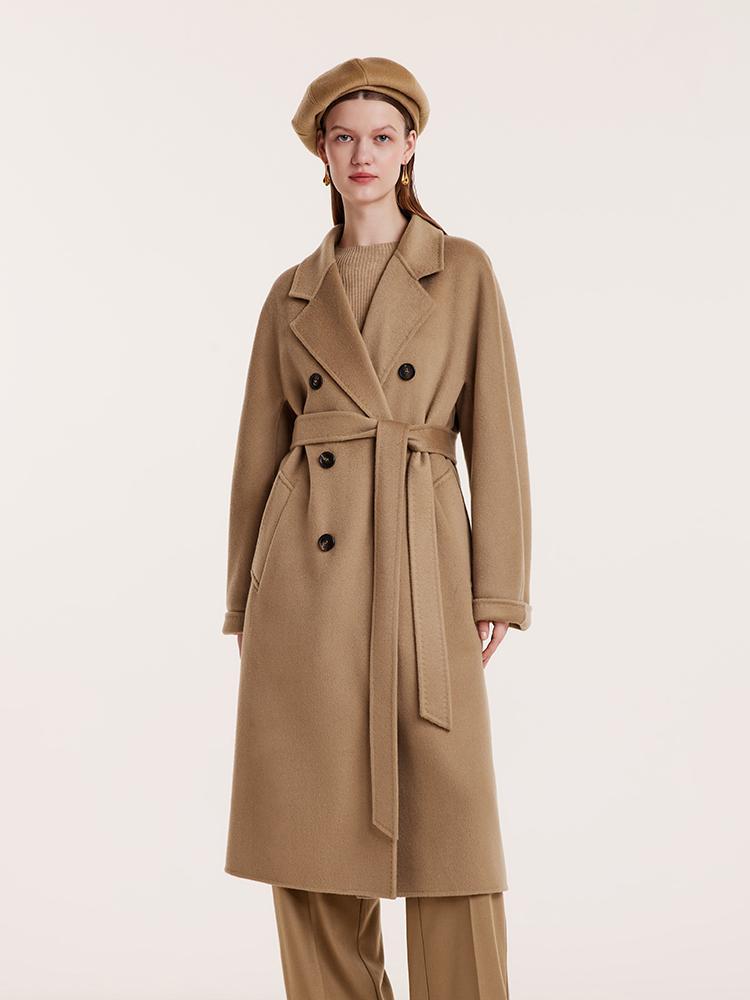 Pure Cashmere Double-Breasted Women Coat With Beret