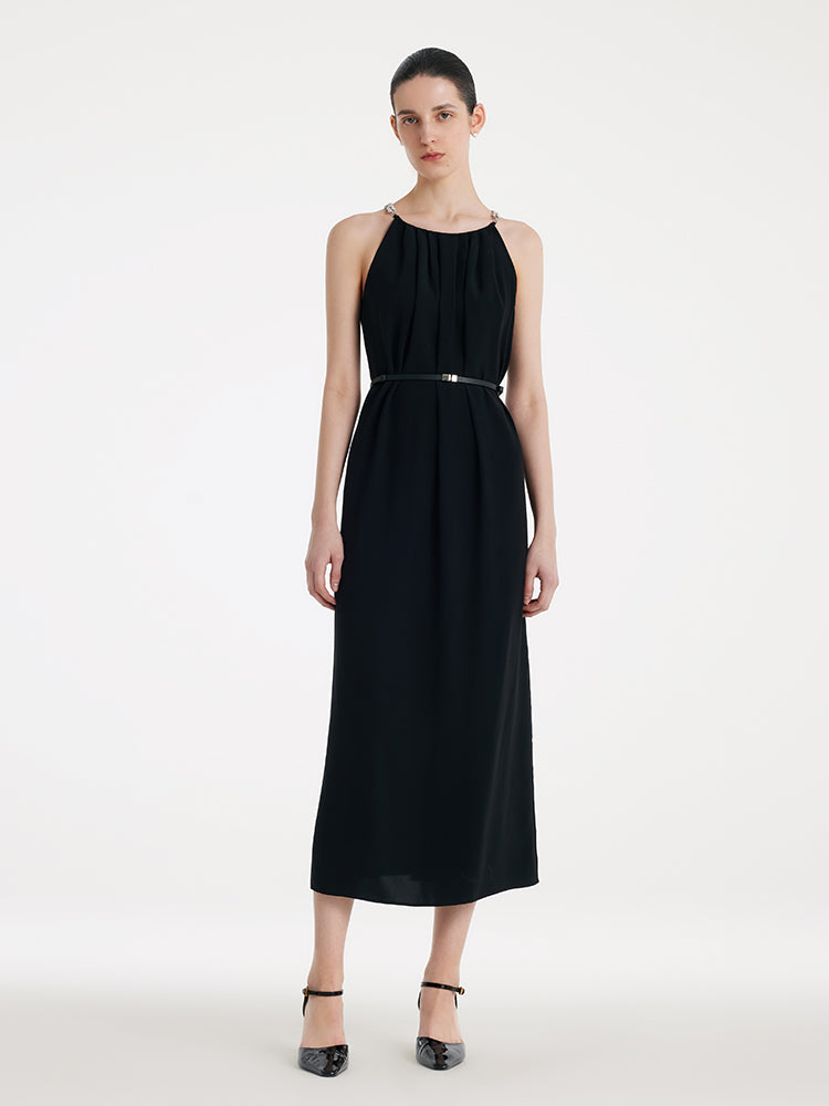 Triacetate Women Maxi Dress With Detachable Chains And Belt