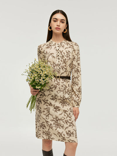 19 Momme Mulberry Silk Round Neck Printed Women Midi Dress With Belt